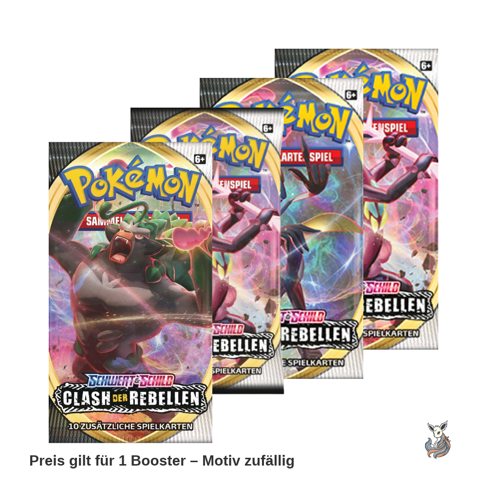 Pokémon SWSH02 Clash der Rebellen Booster, deutsche Ausgabe, Motivübersicht – Preis gilt für 1 Booster