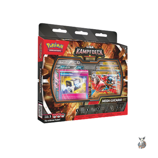 Pokémon Liga-Kampfdeck Mega-Lucario-ex, deutsche Ausgabe, Vorderansicht der Verpackung